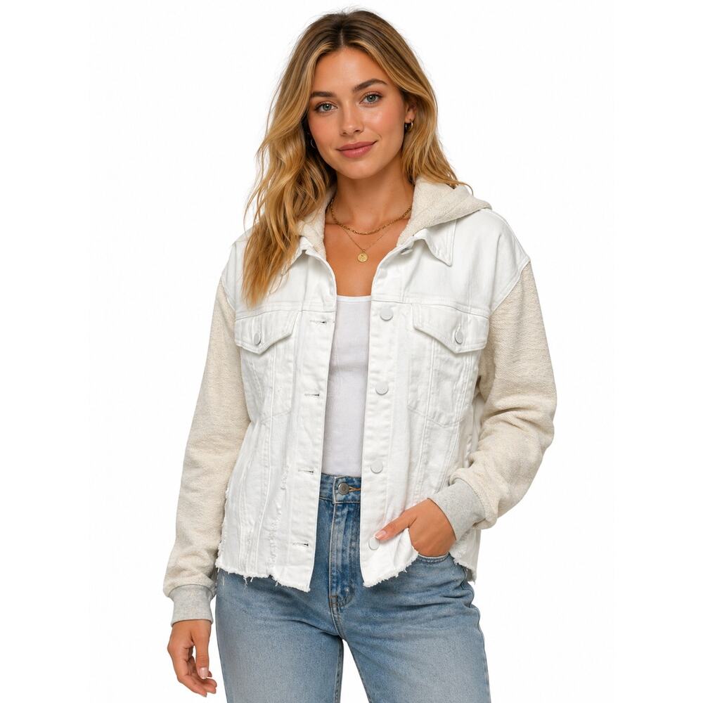 Tractr White Denim Jacket Removable Hood XL Distressed Raw Hem